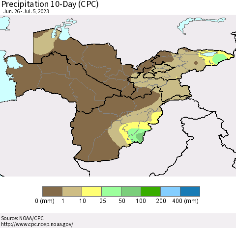 Central Asia Precipitation 10-Day (CPC) Thematic Map For 6/26/2023 - 7/5/2023