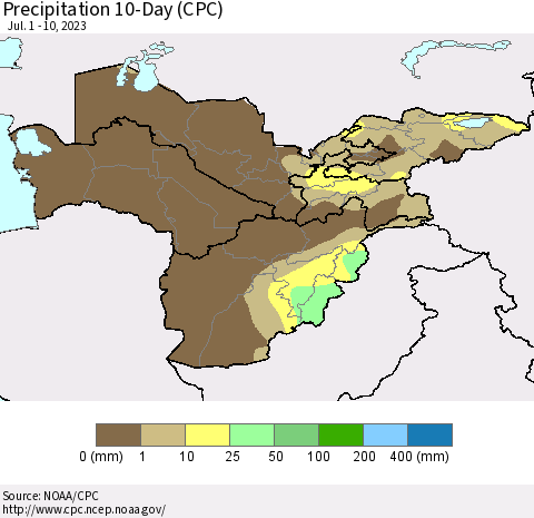 Central Asia Precipitation 10-Day (CPC) Thematic Map For 7/1/2023 - 7/10/2023