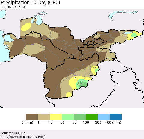 Central Asia Precipitation 10-Day (CPC) Thematic Map For 7/16/2023 - 7/25/2023