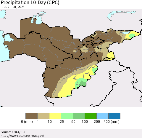 Central Asia Precipitation 10-Day (CPC) Thematic Map For 7/21/2023 - 7/31/2023