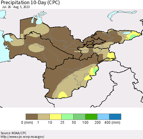 Central Asia Precipitation 10-Day (CPC) Thematic Map For 7/26/2023 - 8/5/2023