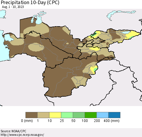Central Asia Precipitation 10-Day (CPC) Thematic Map For 8/1/2023 - 8/10/2023