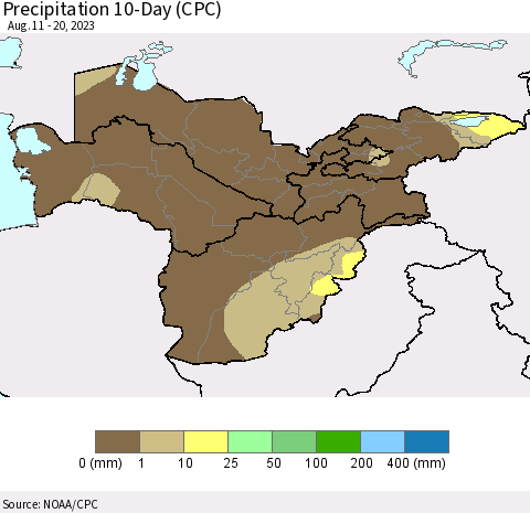 Central Asia Precipitation 10-Day (CPC) Thematic Map For 8/11/2023 - 8/20/2023
