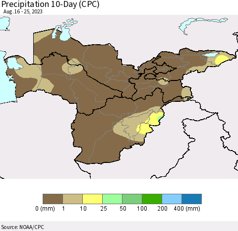 Central Asia Precipitation 10-Day (CPC) Thematic Map For 8/16/2023 - 8/25/2023