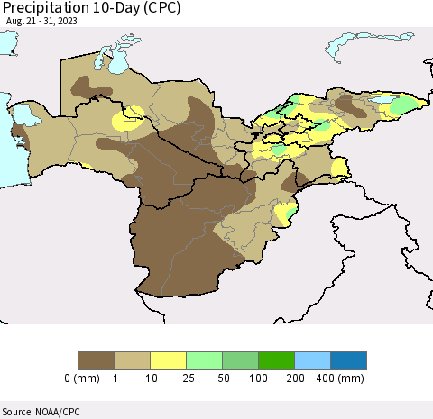 Central Asia Precipitation 10-Day (CPC) Thematic Map For 8/21/2023 - 8/31/2023