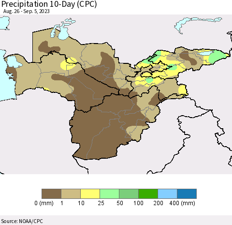 Central Asia Precipitation 10-Day (CPC) Thematic Map For 8/26/2023 - 9/5/2023