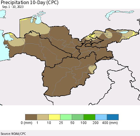 Central Asia Precipitation 10-Day (CPC) Thematic Map For 9/1/2023 - 9/10/2023