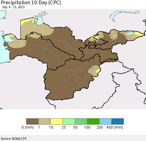 Central Asia Precipitation 10-Day (CPC) Thematic Map For 9/6/2023 - 9/15/2023