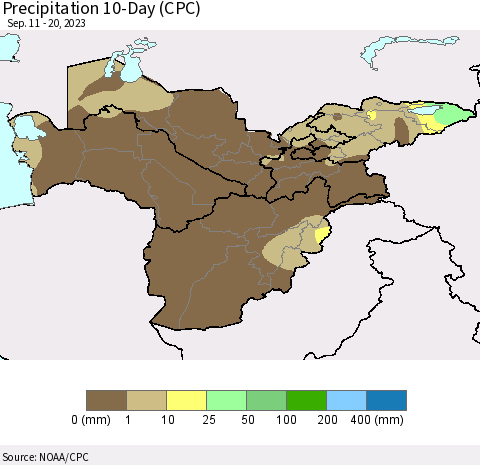 Central Asia Precipitation 10-Day (CPC) Thematic Map For 9/11/2023 - 9/20/2023