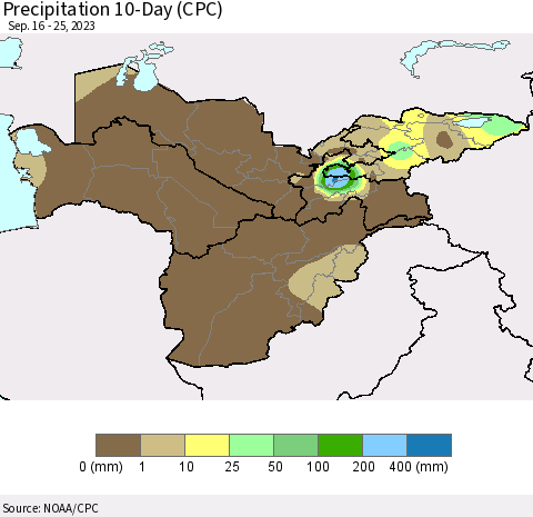 Central Asia Precipitation 10-Day (CPC) Thematic Map For 9/16/2023 - 9/25/2023