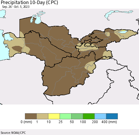 Central Asia Precipitation 10-Day (CPC) Thematic Map For 9/26/2023 - 10/5/2023