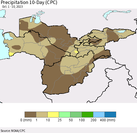 Central Asia Precipitation 10-Day (CPC) Thematic Map For 10/1/2023 - 10/10/2023