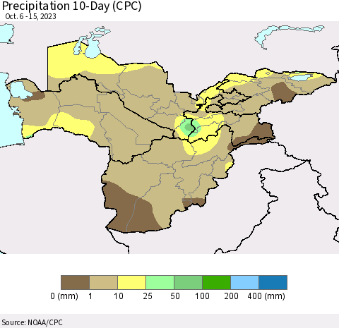 Central Asia Precipitation 10-Day (CPC) Thematic Map For 10/6/2023 - 10/15/2023