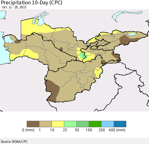 Central Asia Precipitation 10-Day (CPC) Thematic Map For 10/11/2023 - 10/20/2023
