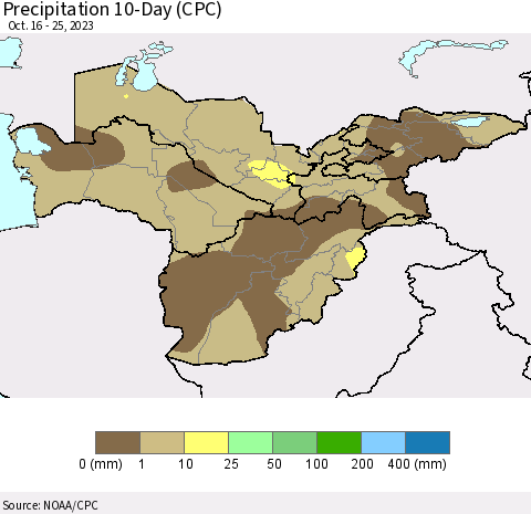 Central Asia Precipitation 10-Day (CPC) Thematic Map For 10/16/2023 - 10/25/2023