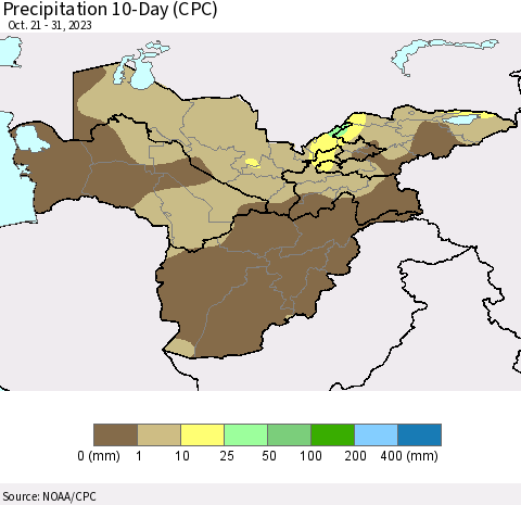 Central Asia Precipitation 10-Day (CPC) Thematic Map For 10/21/2023 - 10/31/2023