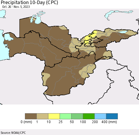 Central Asia Precipitation 10-Day (CPC) Thematic Map For 10/26/2023 - 11/5/2023