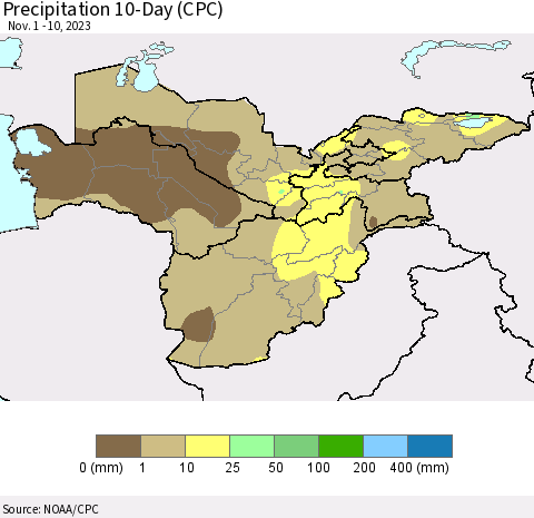 Central Asia Precipitation 10-Day (CPC) Thematic Map For 11/1/2023 - 11/10/2023