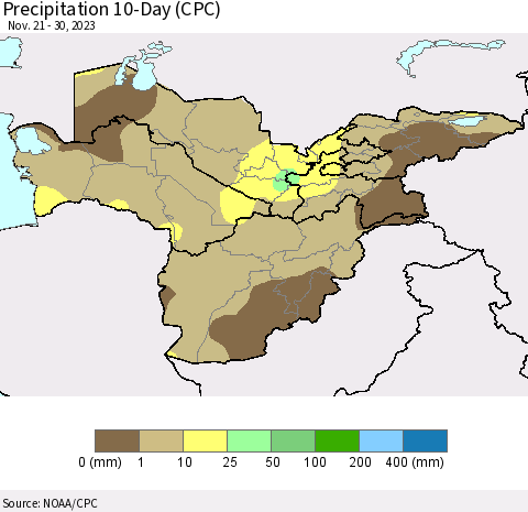Central Asia Precipitation 10-Day (CPC) Thematic Map For 11/21/2023 - 11/30/2023