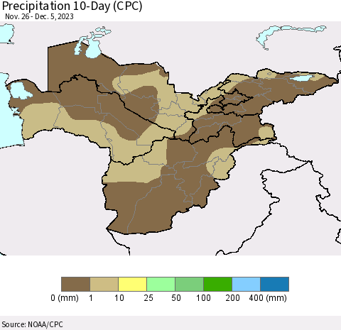 Central Asia Precipitation 10-Day (CPC) Thematic Map For 11/26/2023 - 12/5/2023