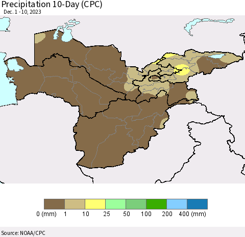 Central Asia Precipitation 10-Day (CPC) Thematic Map For 12/1/2023 - 12/10/2023