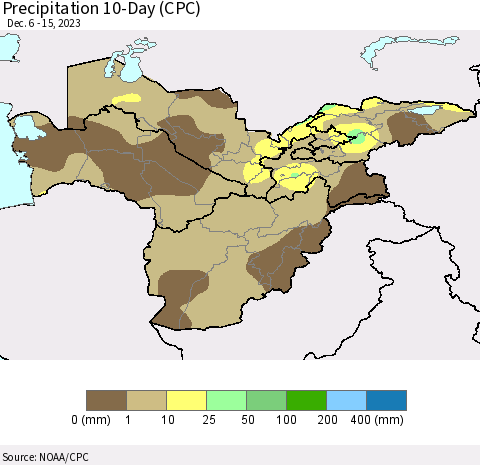 Central Asia Precipitation 10-Day (CPC) Thematic Map For 12/6/2023 - 12/15/2023