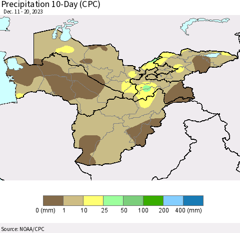 Central Asia Precipitation 10-Day (CPC) Thematic Map For 12/11/2023 - 12/20/2023