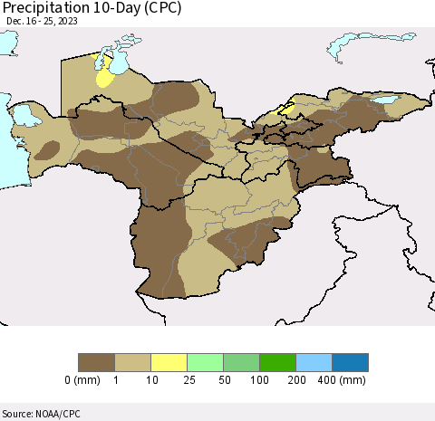 Central Asia Precipitation 10-Day (CPC) Thematic Map For 12/16/2023 - 12/25/2023
