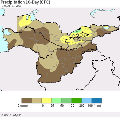 Central Asia Precipitation 10-Day (CPC) Thematic Map For 12/21/2023 - 12/31/2023