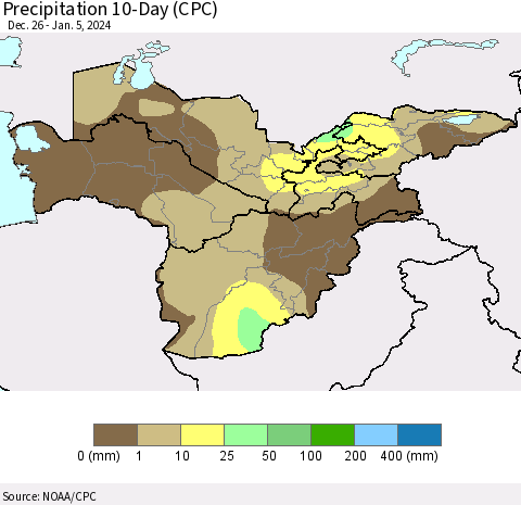 Central Asia Precipitation 10-Day (CPC) Thematic Map For 12/26/2023 - 1/5/2024
