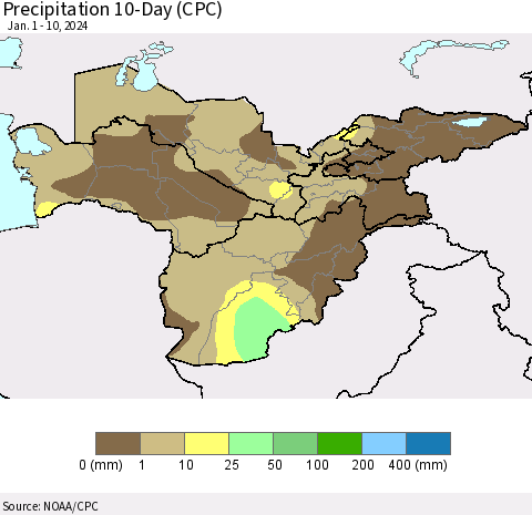Central Asia Precipitation 10-Day (CPC) Thematic Map For 1/1/2024 - 1/10/2024