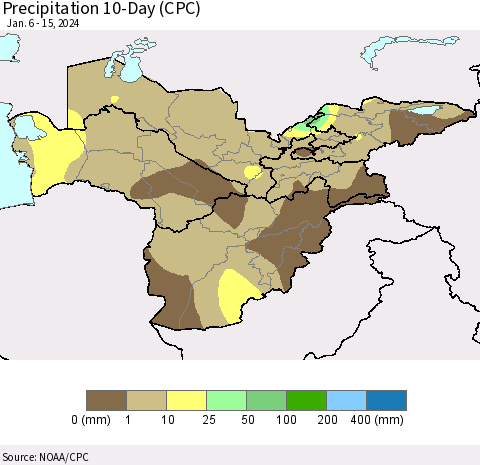 Central Asia Precipitation 10-Day (CPC) Thematic Map For 1/6/2024 - 1/15/2024