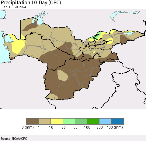 Central Asia Precipitation 10-Day (CPC) Thematic Map For 1/11/2024 - 1/20/2024