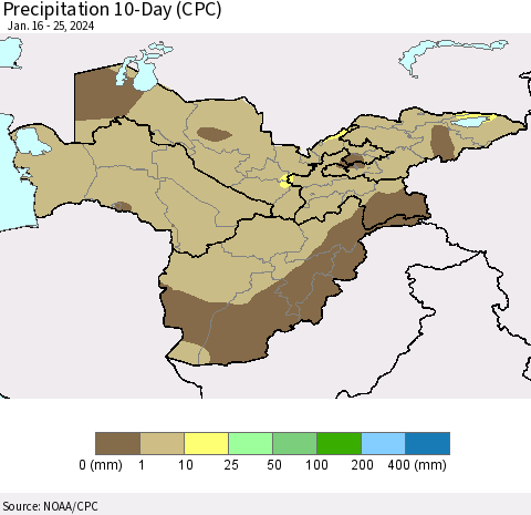 Central Asia Precipitation 10-Day (CPC) Thematic Map For 1/16/2024 - 1/25/2024