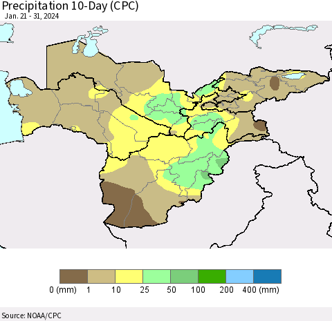 Central Asia Precipitation 10-Day (CPC) Thematic Map For 1/21/2024 - 1/31/2024