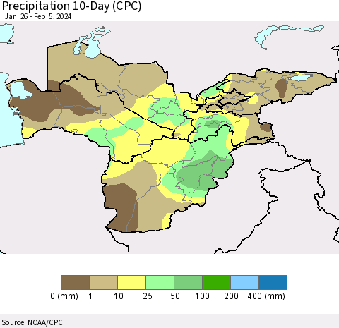 Central Asia Precipitation 10-Day (CPC) Thematic Map For 1/26/2024 - 2/5/2024