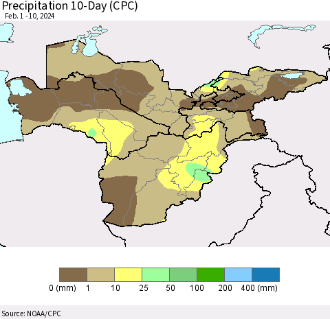 Central Asia Precipitation 10-Day (CPC) Thematic Map For 2/1/2024 - 2/10/2024