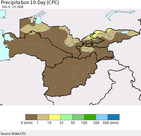 Central Asia Precipitation 10-Day (CPC) Thematic Map For 2/6/2024 - 2/15/2024