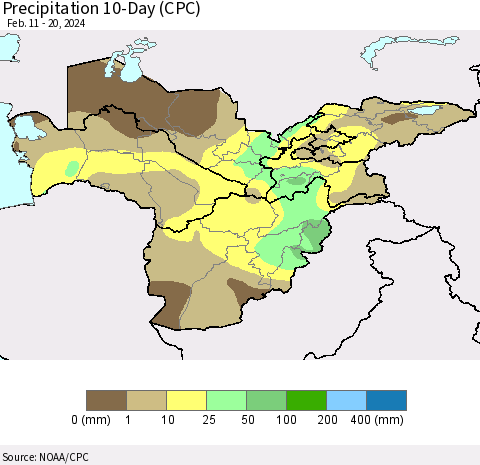 Central Asia Precipitation 10-Day (CPC) Thematic Map For 2/11/2024 - 2/20/2024