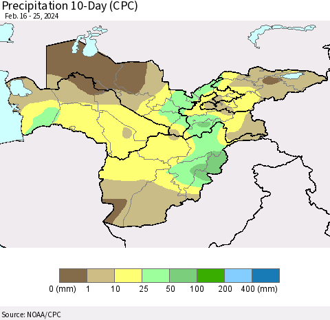 Central Asia Precipitation 10-Day (CPC) Thematic Map For 2/16/2024 - 2/25/2024