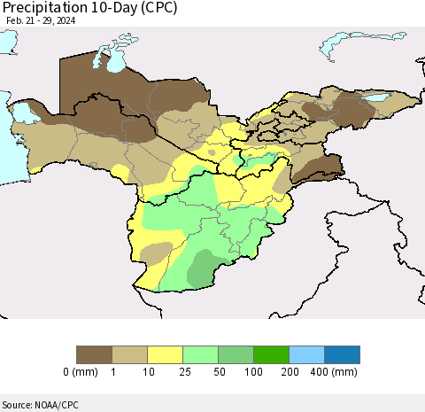 Central Asia Precipitation 10-Day (CPC) Thematic Map For 2/21/2024 - 2/29/2024