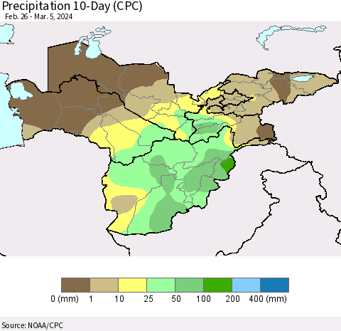 Central Asia Precipitation 10-Day (CPC) Thematic Map For 2/26/2024 - 3/5/2024