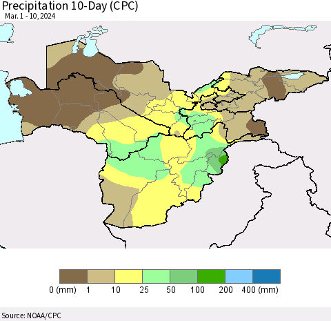Central Asia Precipitation 10-Day (CPC) Thematic Map For 3/1/2024 - 3/10/2024