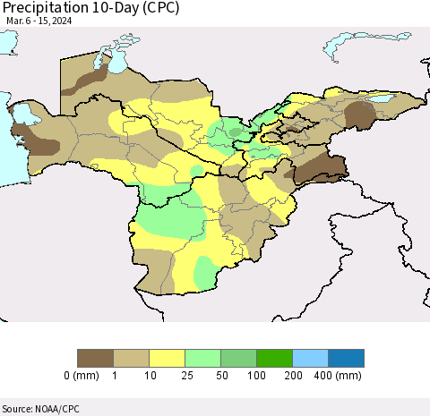 Central Asia Precipitation 10-Day (CPC) Thematic Map For 3/6/2024 - 3/15/2024
