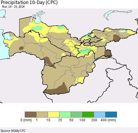 Central Asia Precipitation 10-Day (CPC) Thematic Map For 3/16/2024 - 3/25/2024