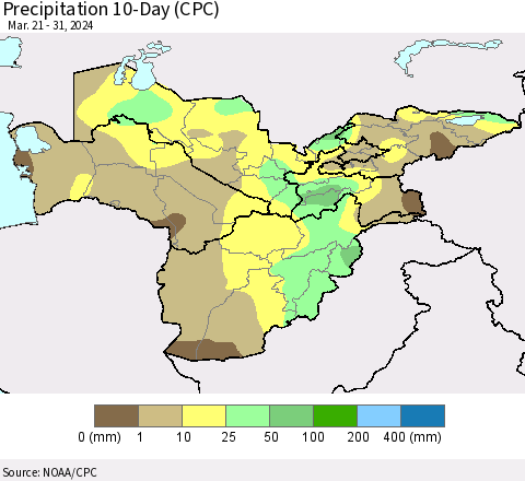 Central Asia Precipitation 10-Day (CPC) Thematic Map For 3/21/2024 - 3/31/2024