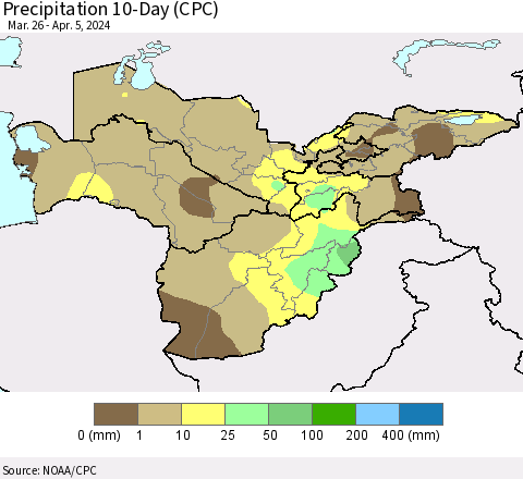 Central Asia Precipitation 10-Day (CPC) Thematic Map For 3/26/2024 - 4/5/2024