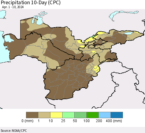 Central Asia Precipitation 10-Day (CPC) Thematic Map For 4/1/2024 - 4/10/2024