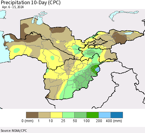 Central Asia Precipitation 10-Day (CPC) Thematic Map For 4/6/2024 - 4/15/2024