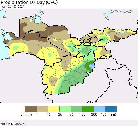 Central Asia Precipitation 10-Day (CPC) Thematic Map For 4/11/2024 - 4/20/2024